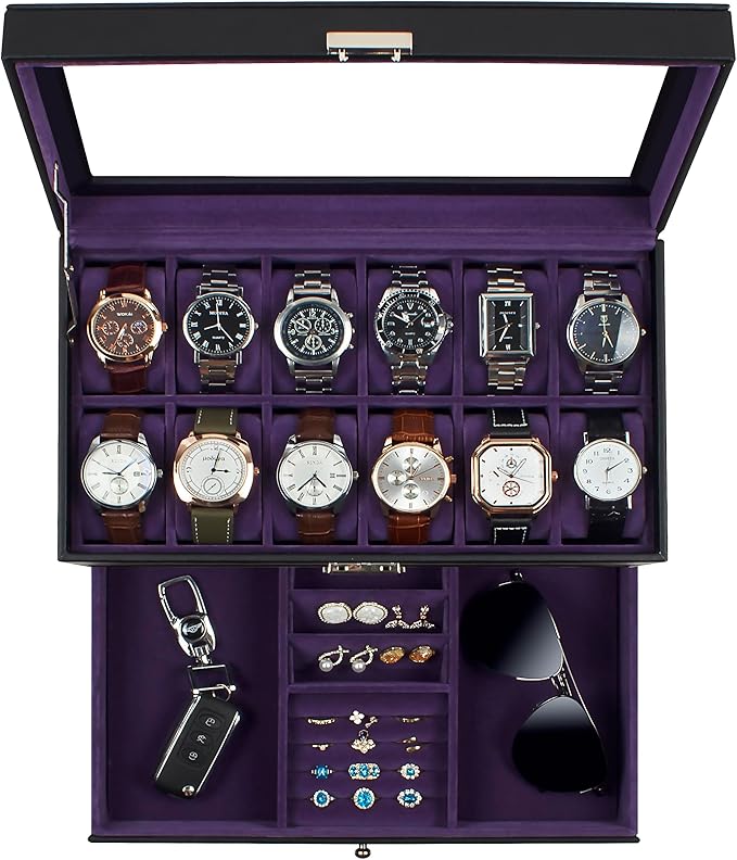 GUKA Watch Box, 12 Slot Watch Case, Watch Cases for men with Real Glass Lid, Synthetic Leather Watch Organizer storage with Jewelry Case, Birthday for Men and Women, Blue Purple