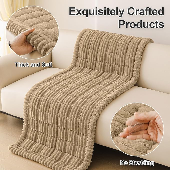 hyha Couch Cover for Dogs Washable, Non Slip Thick Flannel Sofa Protector, Pet Friendly Plush Furniture Cover for Sectional Sofa & Loveseat (Khaki, 35.4" x 95")