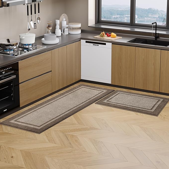 anllugs Kichen Rugs 24" x 96", Non-Slip Machine Washable Kitchen Runner Rugs Floor Mats, Absorbent Comfort Standing Mats for Kitchen, Sink, Laundry and Hallway, Beige & Grayish Brown
