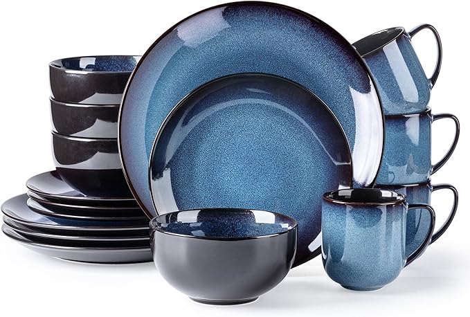 LERATIO Ceramic Dinnerware Sets for 4,16-Piece Reactive Glaze Plates and Bowls Set with Mugs,Highly Chip and Crack Resistant | Dishwasher,Microwave & Oven Safe Dishes set-Blue