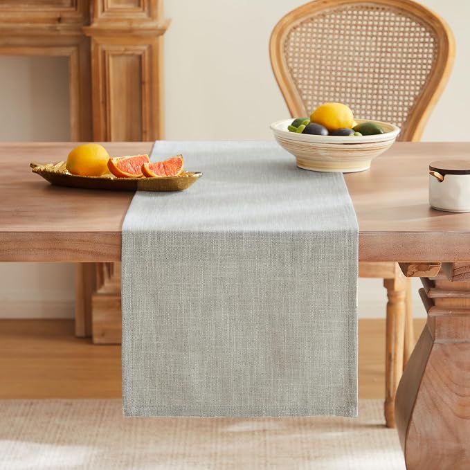 ZeeMart Rustic Cotton Linen Table Runner, 13x90 Inches Light Grey, Farmhouse Style Grey Table Runners 90 Inches Long, Washable Kitchen Dining Table Decoration for Home Party Decor