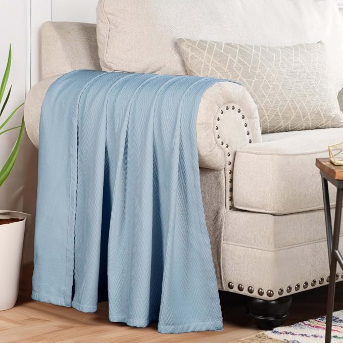 Superior Metro 100% Cotton Blanket, Perfect for Bedroom, Living Room, Couch, Picnics, Travel, Beach, or Camping, Comfy Blanket, Bedroom Decor, Essentials, Zig-Zag Cover for Bed, King, Light Blue