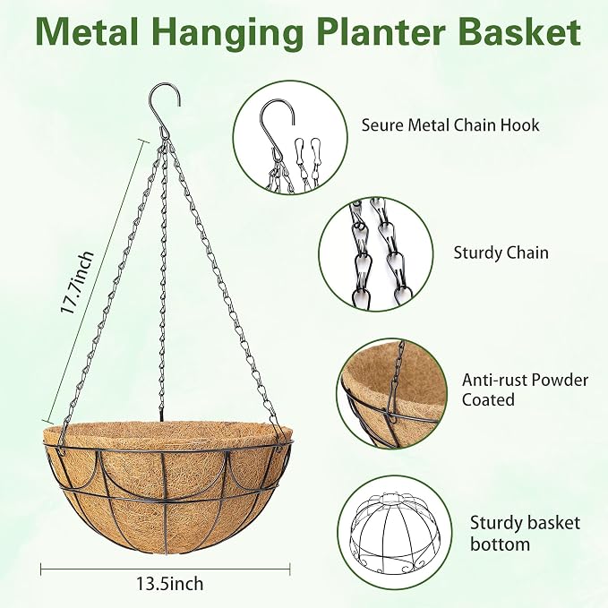 13.5 Inch 3 Pack Hanging Baskets Planters for Outdoor Plants - Wire Hanging Baskets Plant for Plants Outdoor with Coco Liners Minimalist Metal Hanging Pots for Outside Garden Patio Porch Decor