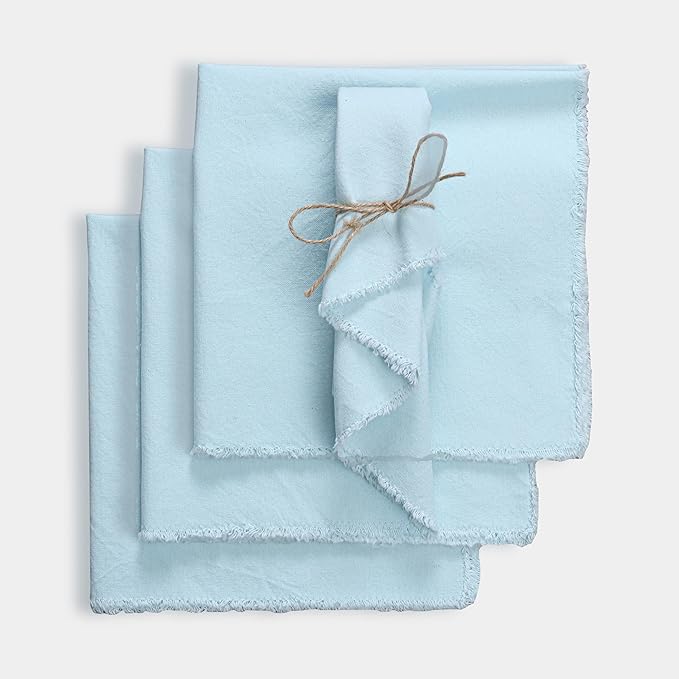 Palisa Premium Cotton Dinner Napkins Set of 4 | Light Blue Frayed Edge Rustic Farmhouse Table Linen | Soft Washable Long Lasting Durable Cloth Serviettes for Wedding Dining Decor 18x18 Inch