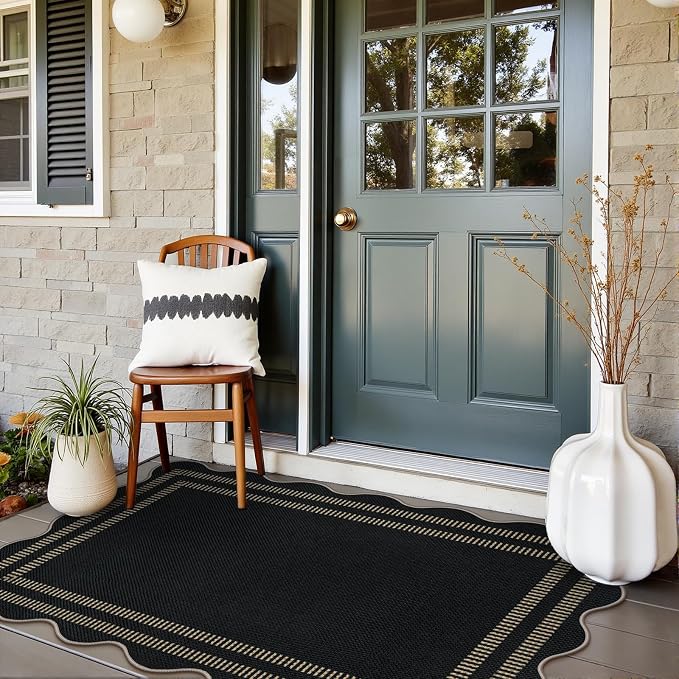 Modern Easy Jute 3x5 Outdoor Patio Rug, Black Washable Rugs for Entryway Indoor Kitchen Rugs, Farmhouse Neutral Non Slip Carpet for Living Room Backyard