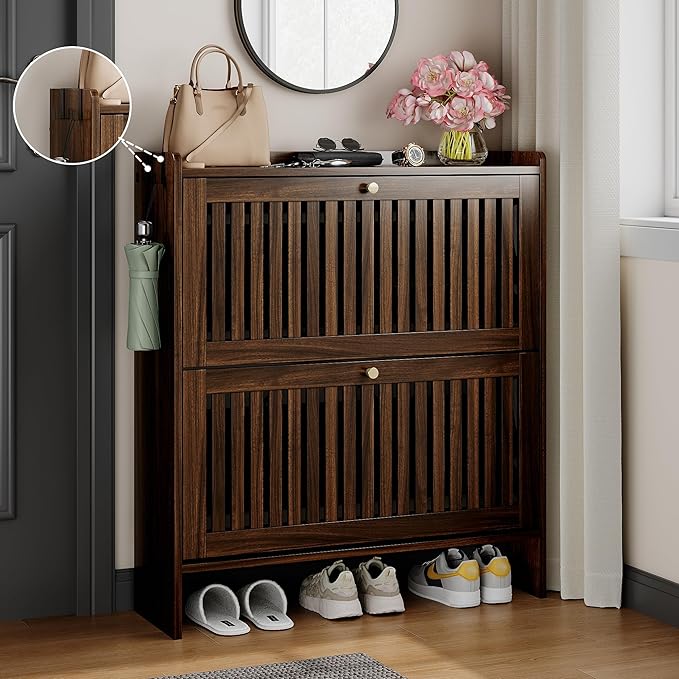 wanan 31.5" Shoe Cabinet with 2 Flip Slatted Drawers, Adjustable & Removable Panels, Narrow Shoe Cabinet Storage for Entryway, Hallway, Shoe Rack Organizer Cabinet, Light Oak