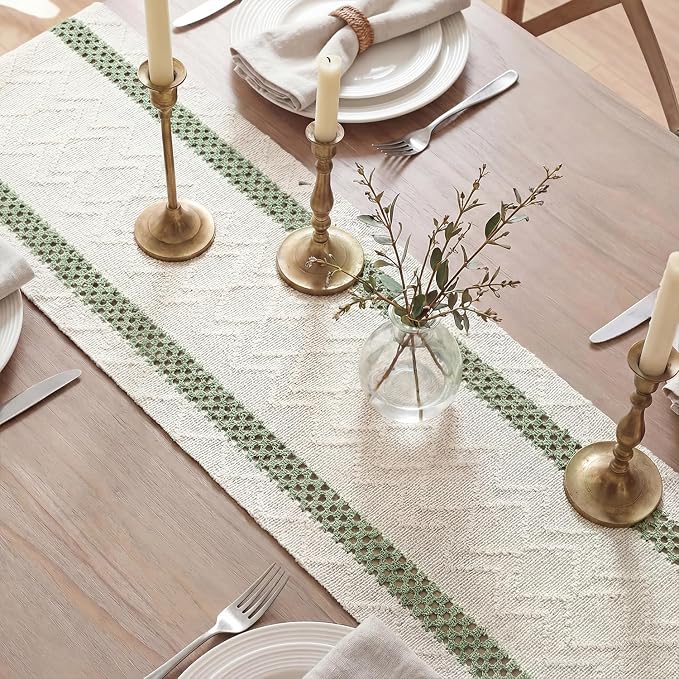 Artoid Mode Sage Green Stripe Woven Table Runner, Seasonal Holiday Hollow Kitchen Dining Table Decoration for Home Party Decor 12x36 Inch