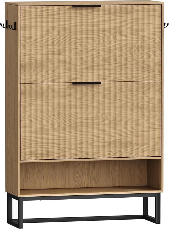 Akxomel 31.5" W Fluted Shoe Storage Cabinet, Narrow Hidden Shoe Rack Cabinet with Metal Legs, Narrow Shoe Organizer, 2 Flip Drawers, for Entryway, Hallway, Living Room, Natural Oak