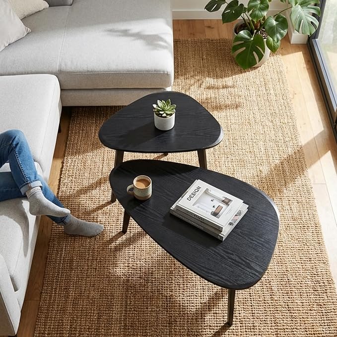 Nesting Coffee Table Set of 2-Mid Century Modern Guitar Pick Stacking Tables with Solid Wood Legs-Waterproof Triangle Center Side End Table for Small Living Room,Apartment,Balcony (Black)