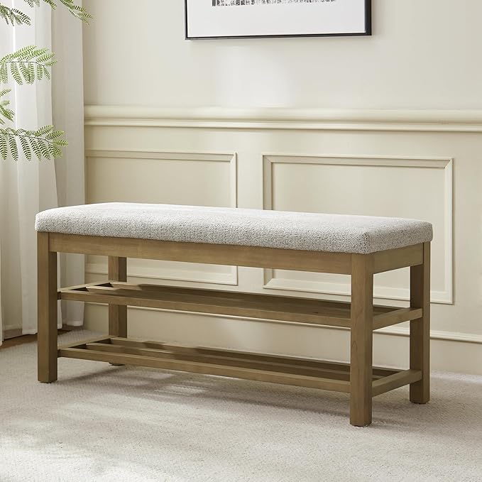 VKNOW Entryway Bench, 44.3” Upholstered Shoe Storage Bench for Bedroom, 2-Tier Storage End of Bed Bench with Rubberwood Legs for Living Room, Hallway, Beige