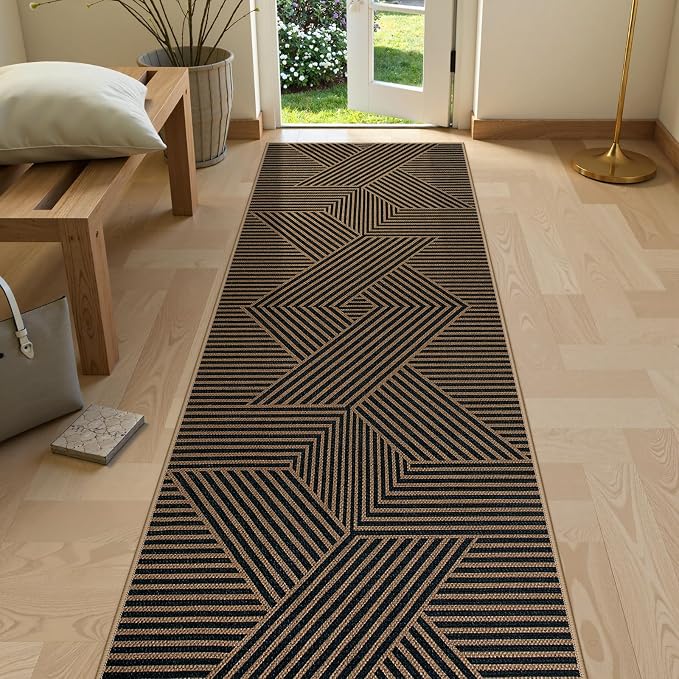 Lahome Enfys Modern Geometric Runner Rug, 2x8 Washable Rug Runners for Hallways Non Slip, Black Outdoor Carpet with Rubber Backing, Farmhouse Non Shedding Kitchen Mats for Floor Entryway