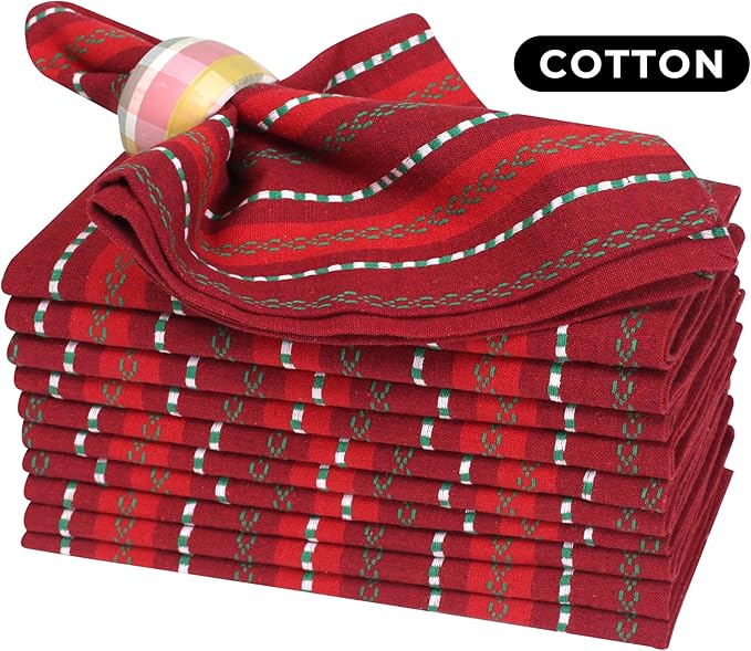 Bedding Craft Cotton Cloth Napkins Set of 12-18x18 Inch Machine Washable Dinner Napkins, Set of 12 Red Green Multi Salsa Stripe Napkins, Wedding Napkins, Cotton Cloth Napkins for Everyday Use