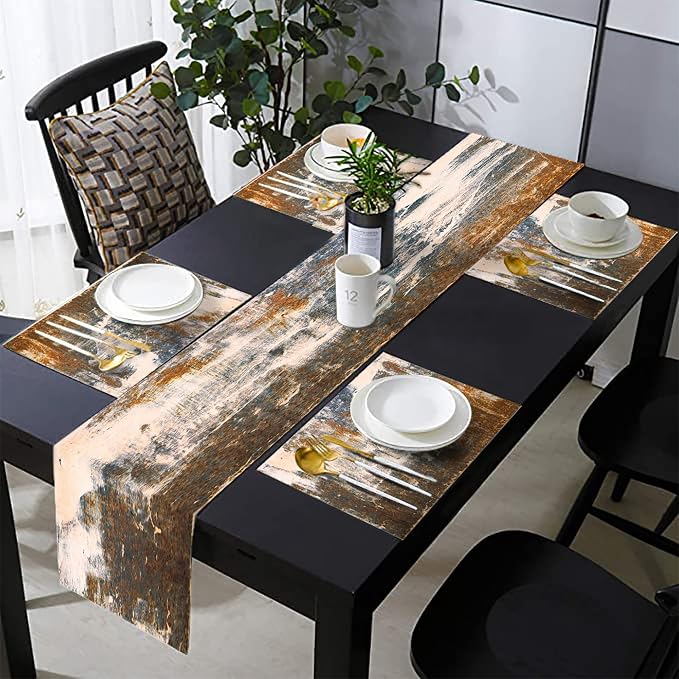 Rust Table Runner and Place Mats Set of 6 Abstract Blue and Brown Metal Steel Iron Rusty Stain Linen Dining Mat Sets Washable Vintage Splash Messy for Home Table Decorations 70 Inches Long