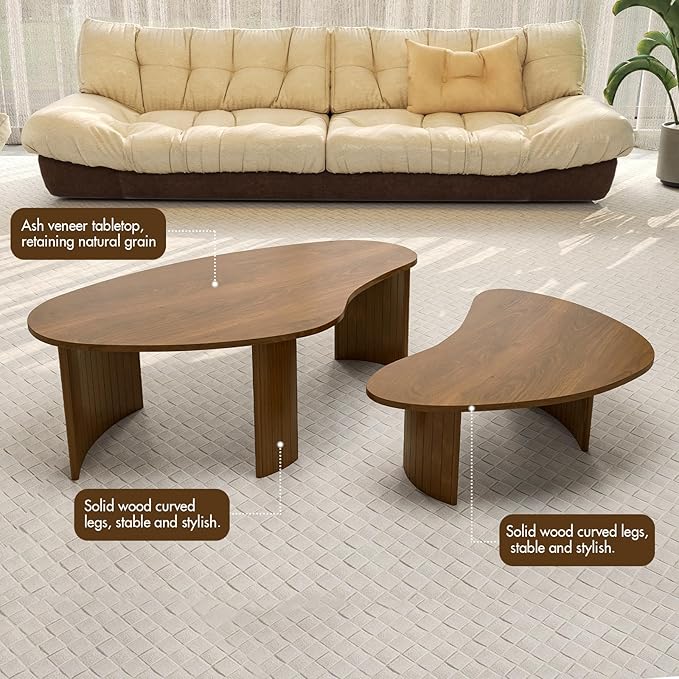 Mid Century Modern Nesting Coffee Table Set of 2, Walnut Wood Grain Veneer with Fluted Legs, Farmhouse & Contemporary End Tables for Living Room
