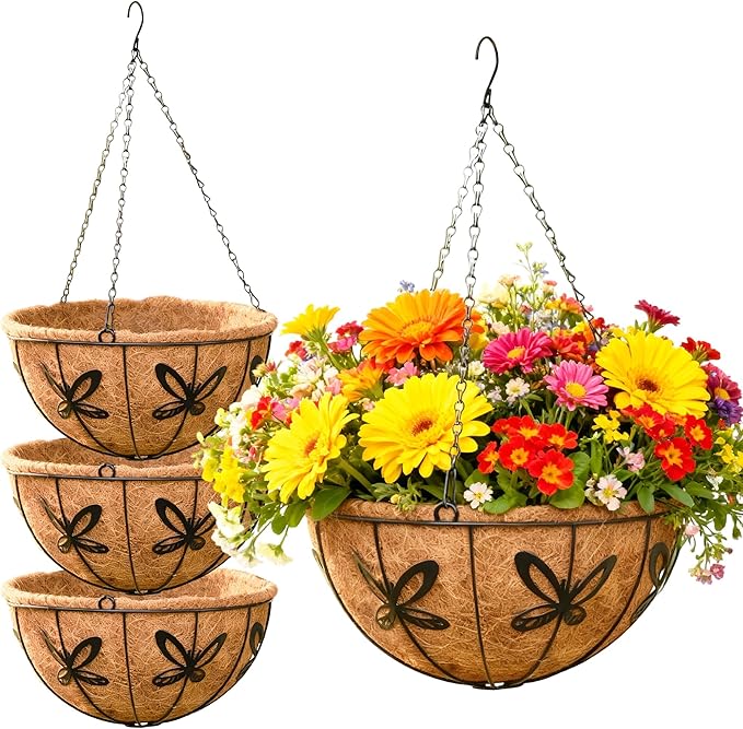 4 Pack 12 Inch Metal Outdoor Hanging Baskets Black Heavy Duty Hanging Planters with Coco Liners for Indoor Outdoor Plants Gardens Patios Terraces（Butterfly）