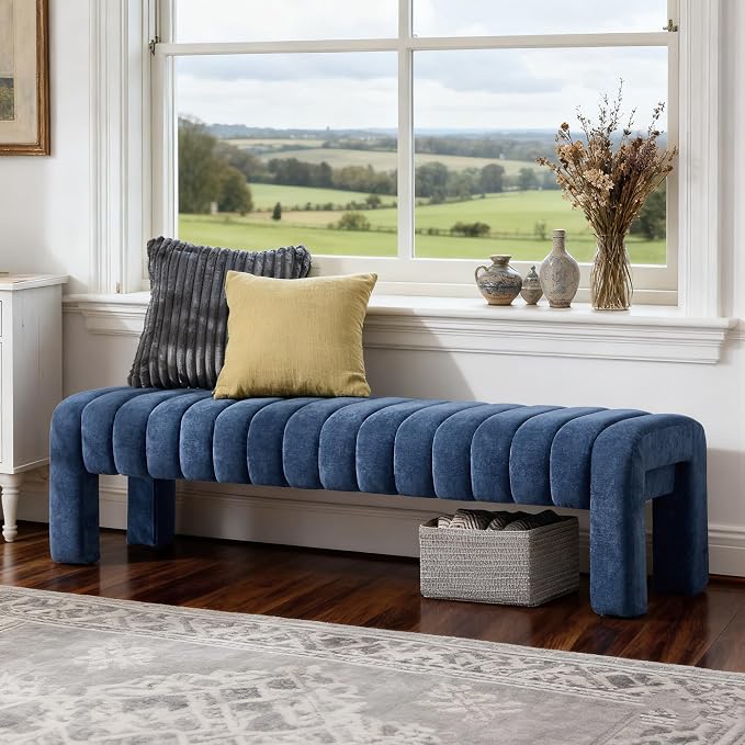 63’’ Bedroom Bench, Upholstered End of Bed Bench with Solid Wood Legs, Modern Long Dining Bench with Full Covered Fabrics for Entryway, Bedroom, Living Room (Blue, Chenille)