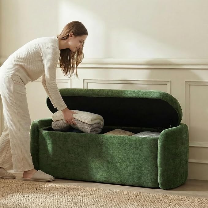 VKNOW 46" Oval Storage Ottoman Bench, Upholstered End of Bed Bench Ottomans Bench Foot Rest, Sherpa Storage Bench for Bedroom, Living Room and Hallway, Green