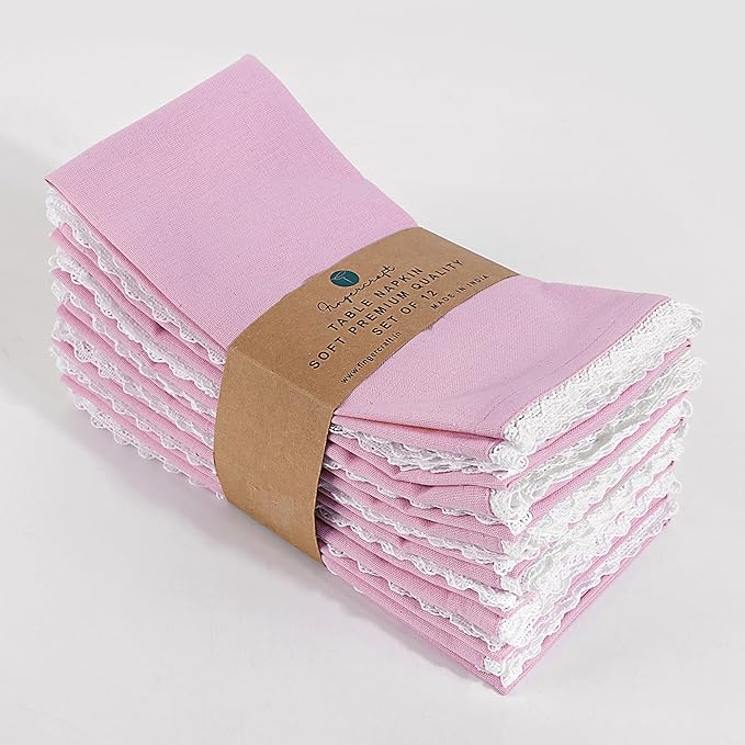FINGERCRAFT Dinner Cloth Napkin Cotton Linen Blend 4 Pack Mitered Corners with Elegant Lace for Everyday Use Napkins are Pre Shrunk and Good Absorbency Pastel Rose Easter Color