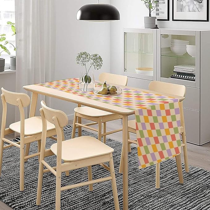 Retro Checkered Table Runner 60s 70s Vintage Twisted Colorful Groovy Trendy Wavy Hippie Grid Farmhouse Country Dinner Runner for Home Kitchen Dining Table Party Holiday Decor 13"x70"
