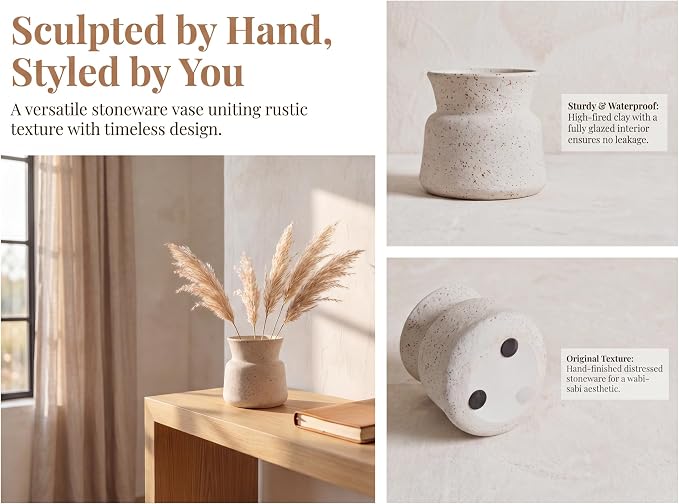 Rustic Farmhouse Ceramic Vase Home Decor, Handmade Vintage Stoneware Clay Pottery Terracotta Textured for Modern Farmhouse, Living Room, Office Desk Table Shelf (White Ore Point)