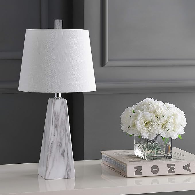 JONATHAN Y 20.5" White Marble Finish Modern Resin Table Lamp for Bedroom Living Room, Contemporary Faceted Bedside Lamp with White Linen Shade, LED Bulb Included JYL1037A