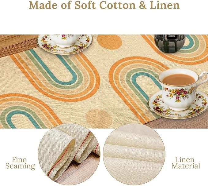 Mid Century Modern Table Runner, Colorful Rainbow Neutral Groovy Curved Sun Table Runner for Kitchen Dining Home Party Birthday Party Decor, 13x60 Inch