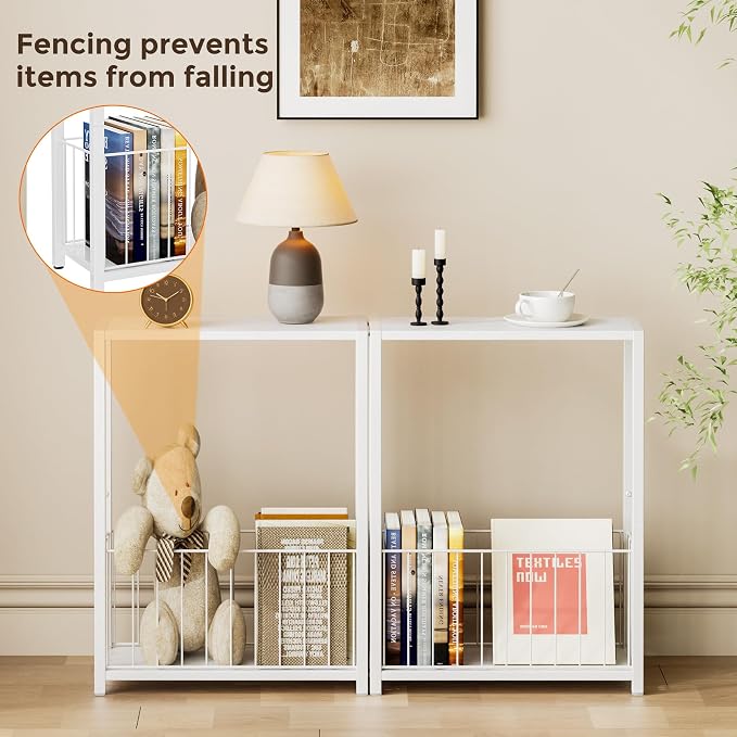 Homleke Narrow Side Table with Magazine Holder, Skinny End Table Perfect for Small Spaces, Space-Saving Design for Living Room, Bedroom, or Office, 7.1" D x 16.9" W x 23.6" H, White