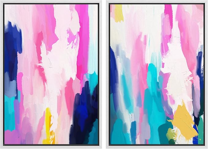 SIGNLEADER Framed Canvas Print Wall Art Set Vibrant Pink Teal Pastel Collage Abstract Shapes Digital Art Modern Art Decorative Minimal Relax/Zen for Living Room, Bedroom, Office - 16"x24"x2 WHITE