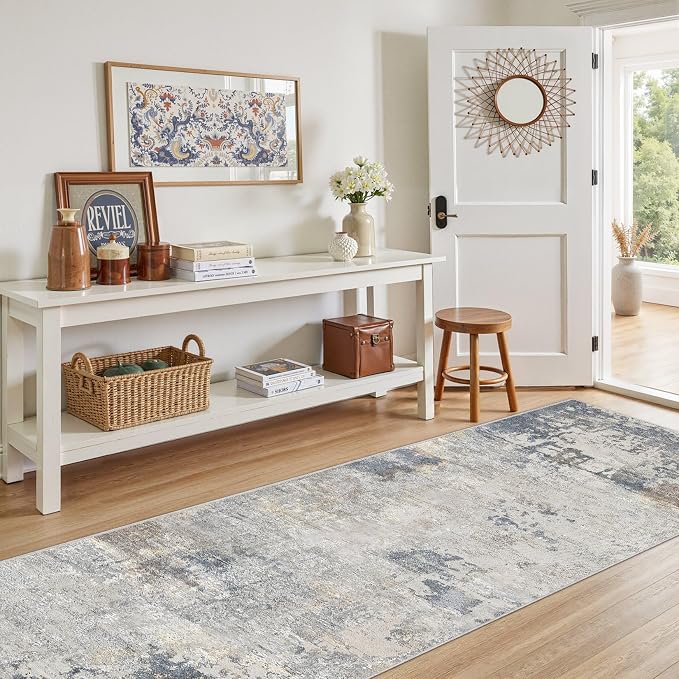 UERMEI 3x10 Washable Runner Rug for Hallway, Non Slip Low Pile Kitchen Carpet, Neutral Modern Abstract Indoor Floor Mat for Entryway Laundry, Kid & Pet Safe High Traffic Area, Blue Grey
