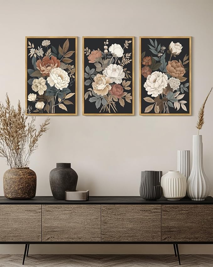 KUVIOKE Vintage Flower Framed Wall Art Watercolor Colorful Boho Floral Wall Decor Retro Wildflower Modern Art Prints for Living Room Bedroom 16x24in (Natural Framed)
