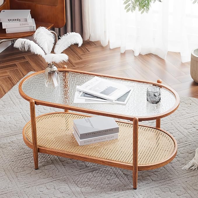 VINGLI 38" Rattan Oval Coffee Table, Water-Wave Glass Metal Center Table, Modern Coffees Table with 2-Tier Storage, Farmhouse Coffe Table for Living Room and Small Space, Natural Vibe
