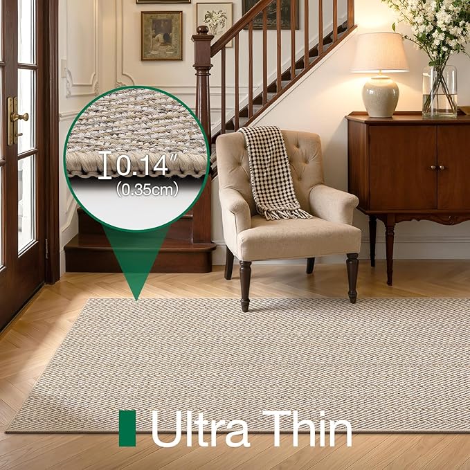 LUMI Ultra Thin Runner Rug for Hallway 2.3'x12', Non-Slip Entryway Rug with Rubber Backing, Unique Herringbone Design for Hallway, Entry, Kitchen, Patio, Beige