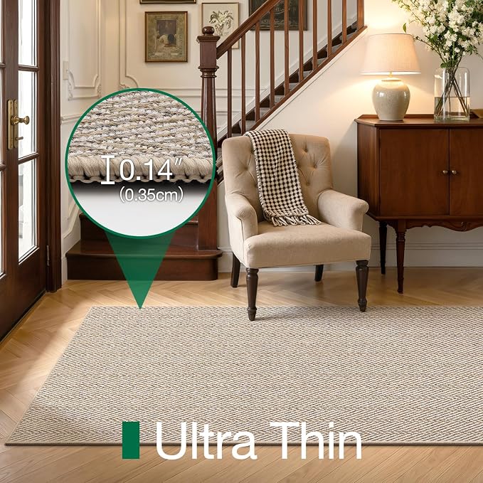 LUMI Ultra Thin Runner Rug for Hallway 2.7'x10', Non-Slip Entryway Rug with Rubber Backing, Unique Herringbone Design for Hallway, Entry, Kitchen, Patio, Beige