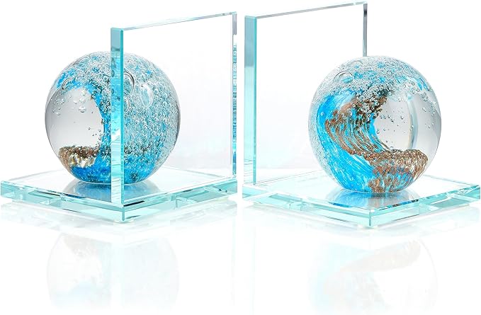 Book Ends for Shelves, Glass Bookends with Light Blue Glass Hand Blown Sea Wave Ball, Non Skid Sturdy Decorative Bookends for Ocean Lovers, Heavy Books, Office, Set of 2