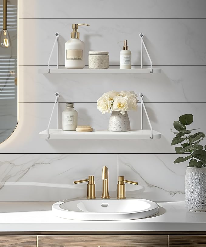 Afuly White Shelves for Wall, Floating Shelf Bathroom, Wall Mounted Shelves for Bedroom Living Room, Over Toilet Storage Display Organizer Modern Home Decor, 16inch Set of 2