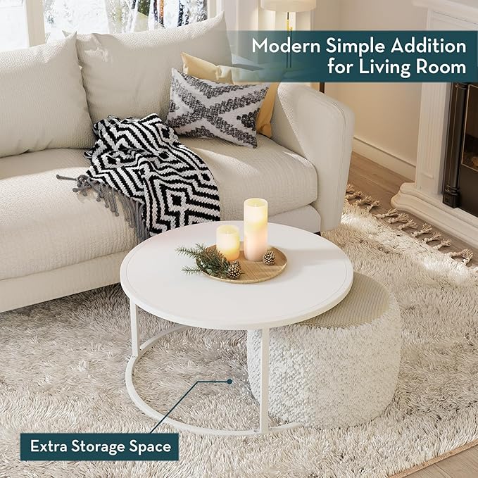 SAYGOER Small Round Coffee Table, White Coffee Tables for Living Room, Modern Center Table for Small Space Home Office Gardern, 27.6 × 27.6 × 17.7inch, White