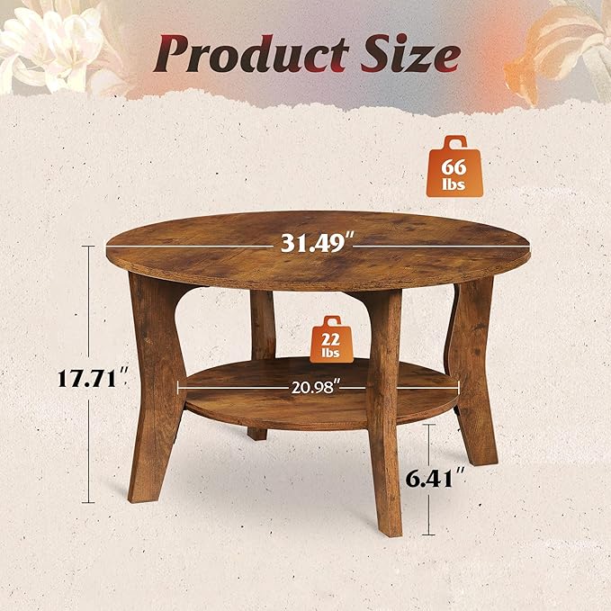 WLIVE Round Coffee Table, 2-Tier Small Coffee Table with Storage Shelf, Circle Wood Center Table for Living Room, Apartment, Easy Assembly, Rustic Brown