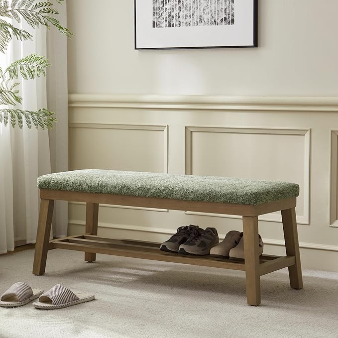 VKNOW Entryway Bench, 44.4" Upholstered Shoe Storage Bench for Entryway & Bedroom, Shoe Bench with Rubberwood Legs, Modern End of Bed Storage Bench for Living Room and Hallway, Green