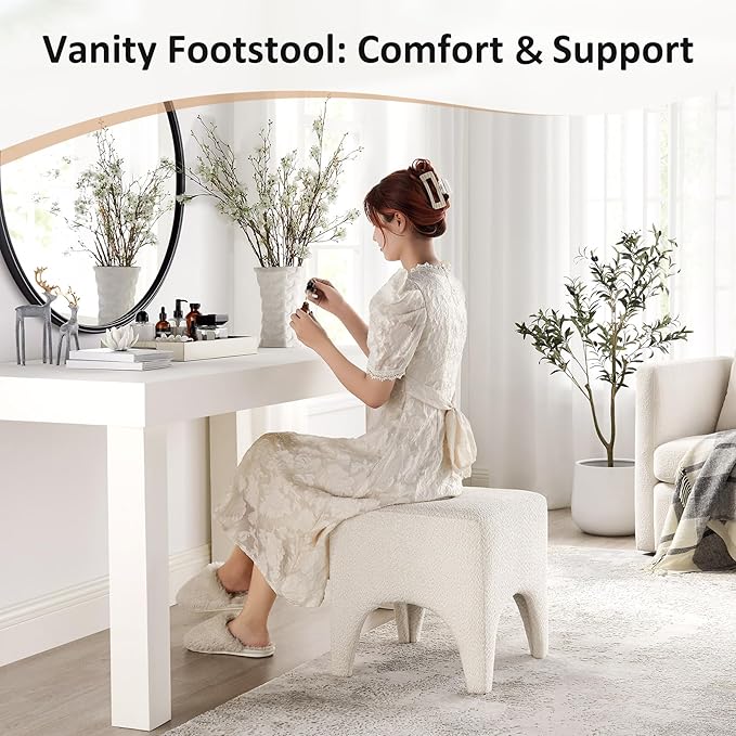 17" Boucle Modern Square Foot Stool Ottoman, Vanity Stool for Makeup, Rectangle Foot Rest for Couch, Upholstered Ottoman Stool for Living Room, Bedroom, Entryway (1, White)