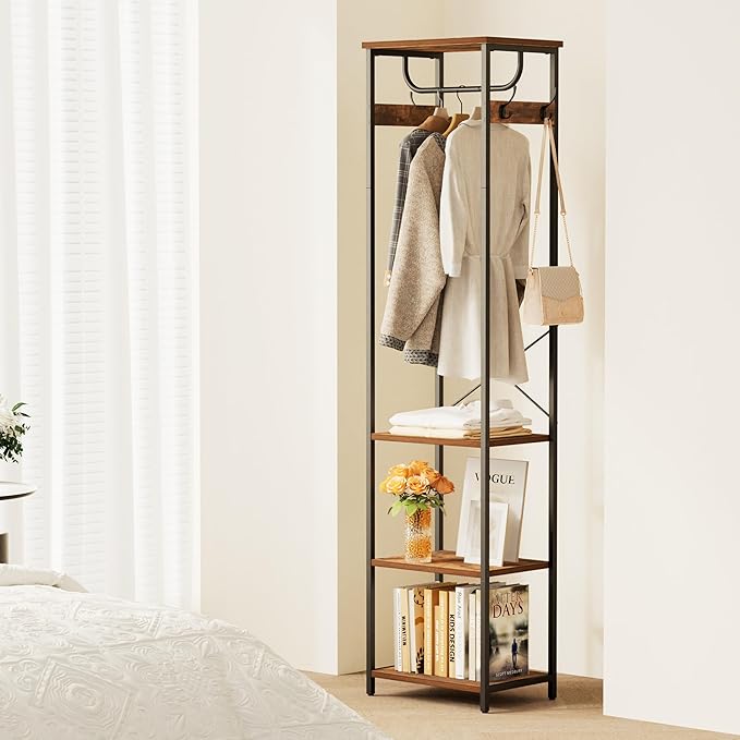 Coat Rack With Hanging Rod, Garment Rack With 3 Wooden Shelves and 4 Hooks, Freestanding Hall Tree, Industrial Clothes Rack Stand Organizer, Rustic Brown and Black