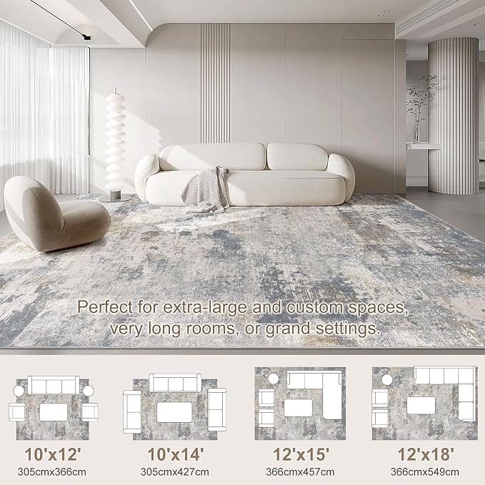 UERMEI 12x15 Area Rug Living Room Rugs - Washable Neutral Modern Abstract Soft Thin Large Rug Indoor Floor No Slip Rug Carpet for Bedroom Under Dining Table Home Office Decor - Blue Grey