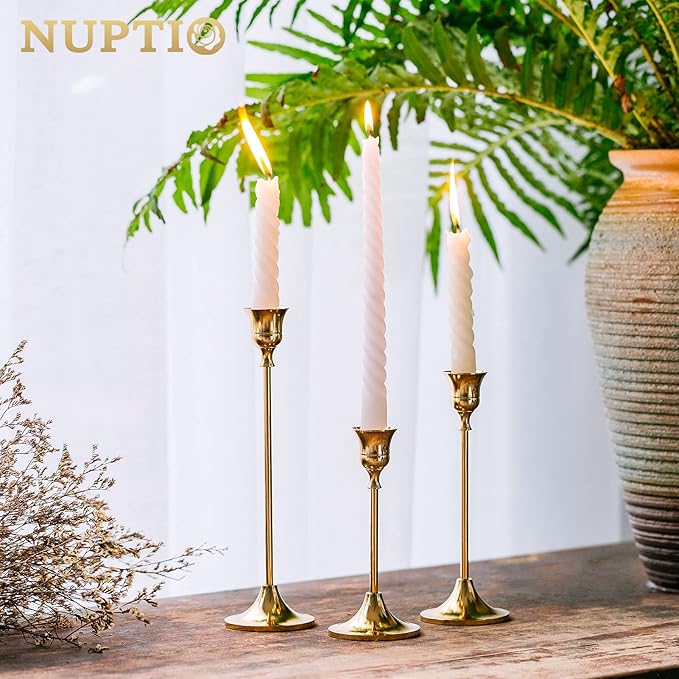 Nuptio Candlestick Candle Holders 15 Pcs Candle Stick Holder Gold Taper Candle Holder Candle Stand for Wedding Party Thanksgiving Halloween Birthday Mantel Baby Shower Table Centerpieces Decor
