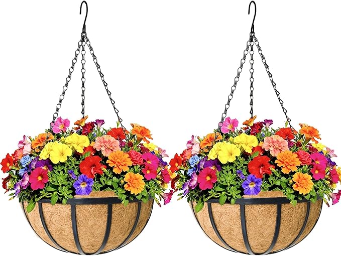 2 Pack 12 inch Metal Hanging Planters Basket Set Round Wire Plant Holder with Coco Fiber Liners Chain Indoor Outdoor Hanging Baskets for Garden Balcony Patio Deck Porch Vegetables Flower Plants