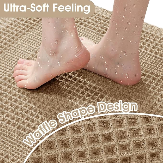 Extra Large Waffle Bath Mat, 5'x2' Beige-Looped, Super Absorbent Non-Slip Quick Dry Bathroom Rugs with Tassels, Machine Washable Ultra Soft Boho Bath Rugs for Floor, Toilet Mats Boho Farmhouse Decor