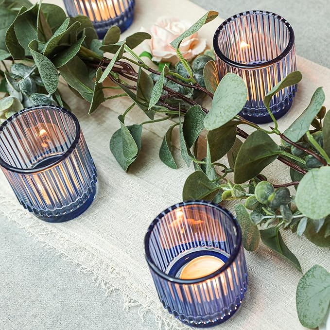 Vintage Ribbed Blue Glass Tealight & Votive Candle Holders (Set of 12), Wedding Bridal Shower Party Table Decor, Fall Decor, Boho Decor, Shelf Decoration