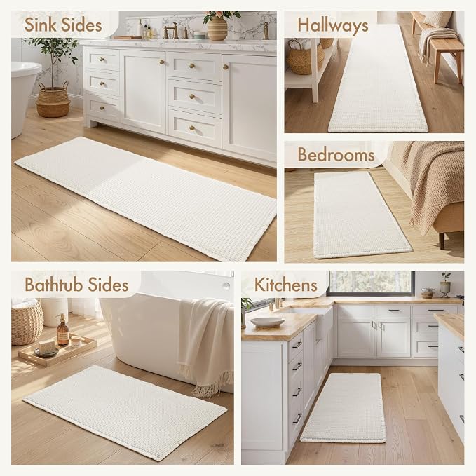 MIULEE Waffle Bathroom Runner Rugs, Super Absorbent Non Slip Bath Rug, Upgraded Soft Quick Dry Washable Boho Long Bath Mat with Tassels for Hallway Laundry Room Bedroom, 2'x6' (24"x72"), White