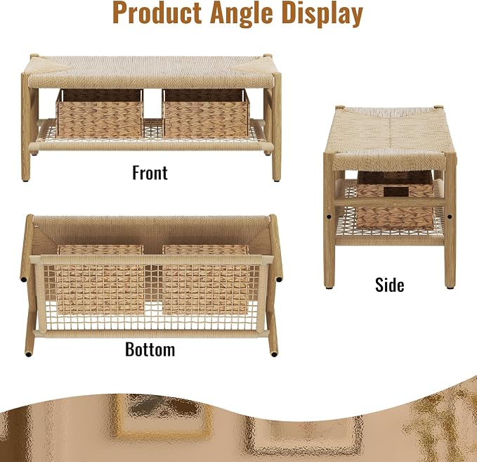 Recaceik Indoor Entryway Bench with Paper Cord Ottoman & Grid Storage Rack and 2 Baskets, Mid-Century Long Bench with Rubber Wood Legs, French Vanity End Bed Bench for Bedroom Living Room Channel