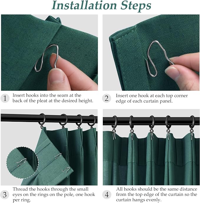 Aersas Dark Green Pinch Pleated Linen Curtains 102 Inch Length 2 Panels for Living Room Bedroom Semi Sheer Window Curtain Boho Neutral Back Tab Pinch Pleat Drape with Hooks 40x102