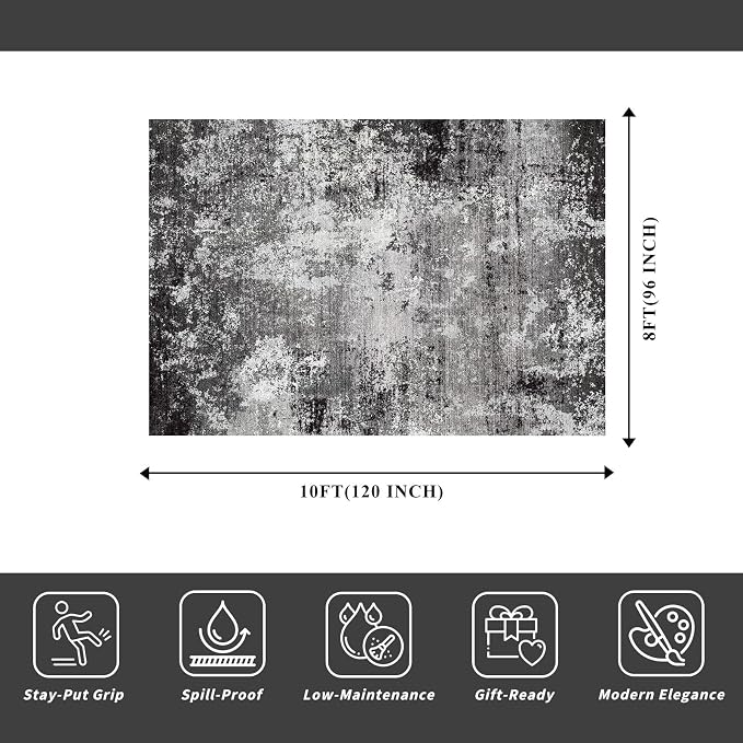 8x10 Washable Living Room Rug – Modern Neutral Abstract Large Area Rug for Bedroom Dining Room Kitchen Home Office Under Table – Non-Slip Low Pile Soft Thin Indoor Carpet (Black Grey,8x10)