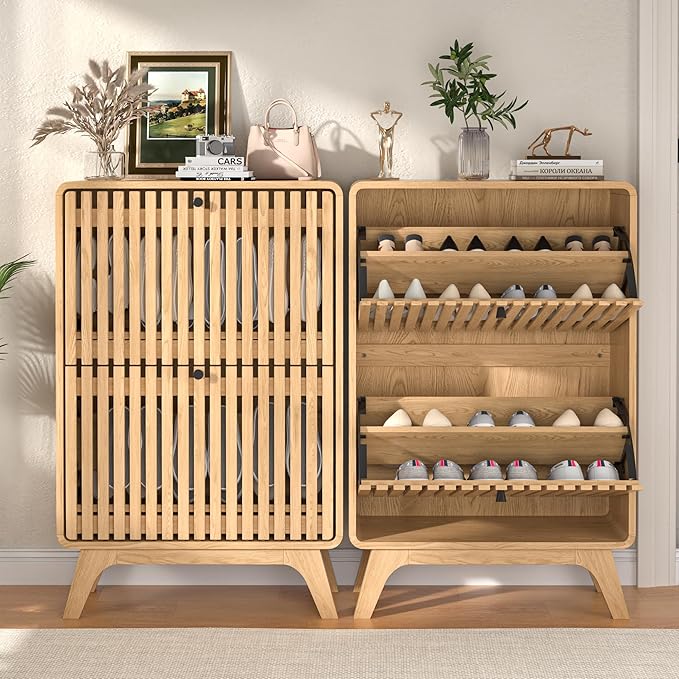 Jluomei Narrow Shoe Cabinet Storage for Entryway, Modern Cabinet Rack with 2 Flip Drawers, Slim Wood Fluted Entry Way Shoe Organizer, Wooden, Small, Farmhouse, Freestanding, Natural Oak (39.4 Inch)